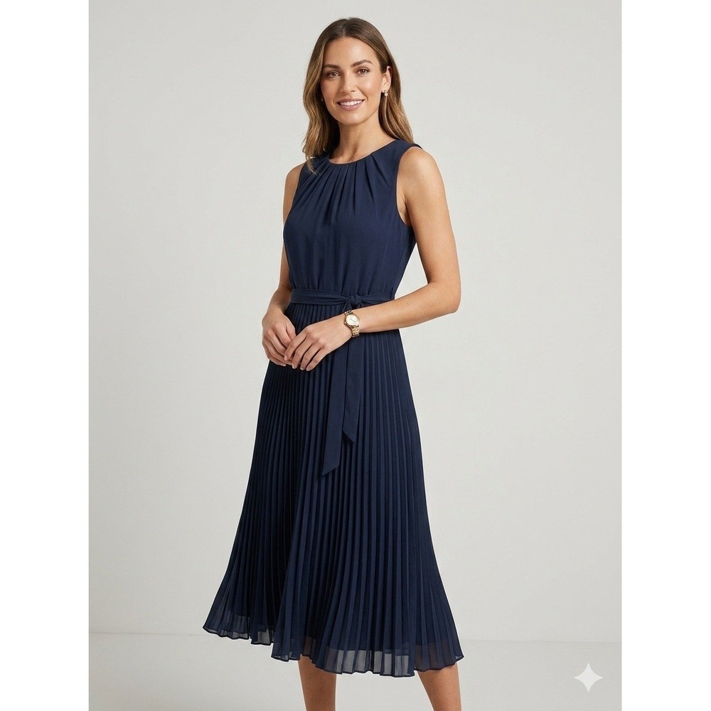 JJ House Women's Dark Navy Pleated Chiffon Midi Dress Sz 4